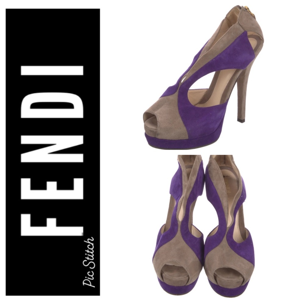 Authentic Fendi Two Tone Tan And Purple Suede Platform Heels